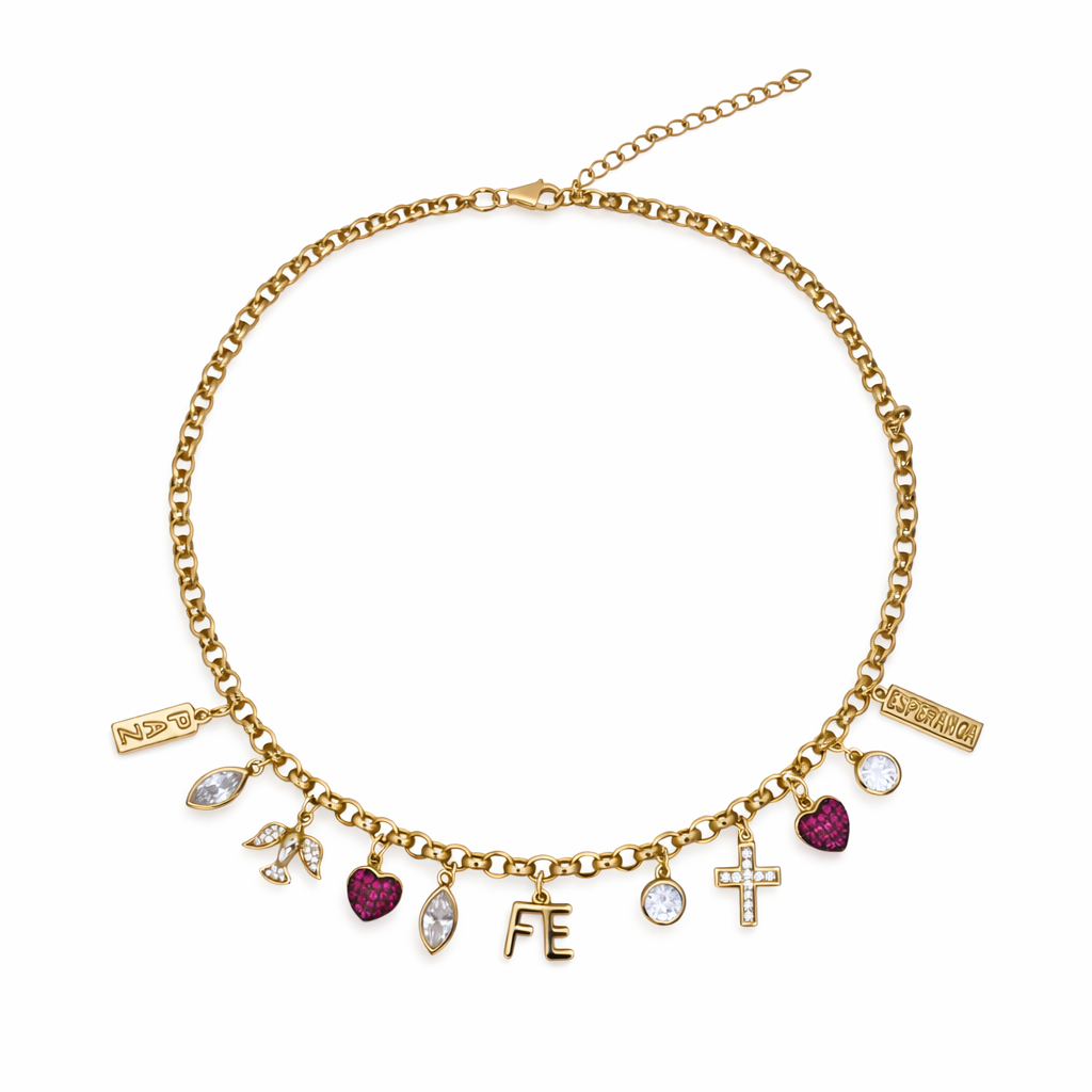 925YG MULTICHARMS RELIGIOUS HEART FUSHIA FE PAZ NECKLACE