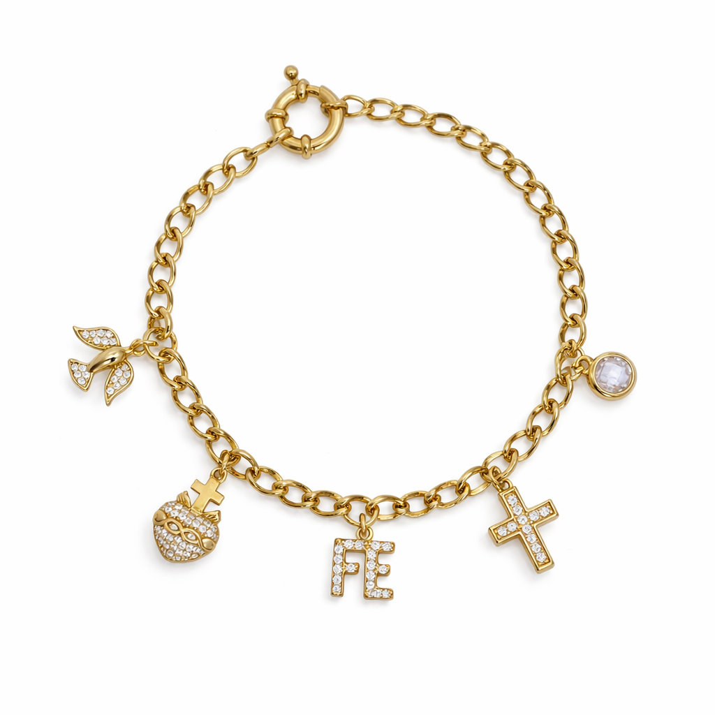 925YG MULTICHARMS RELIGIOUS HEART WHITE FE CROSS BRACELET
