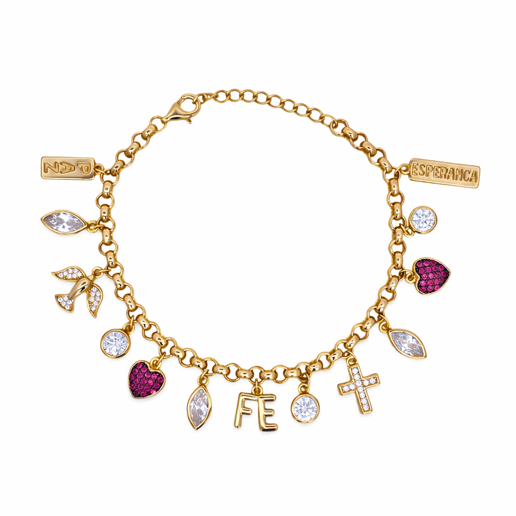 925YG MULTICHARMS RELIGIOUS HEART FUSHIA ESPERANCA BRACELET