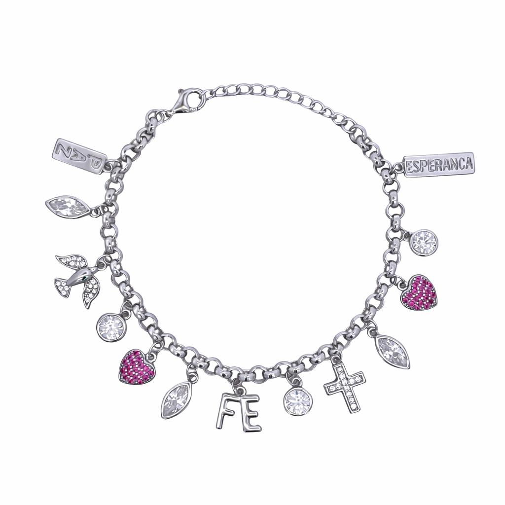 925SL MULTICHARMS RELIGIOUS HEART FUSHIA ESPERANCA BRACELET