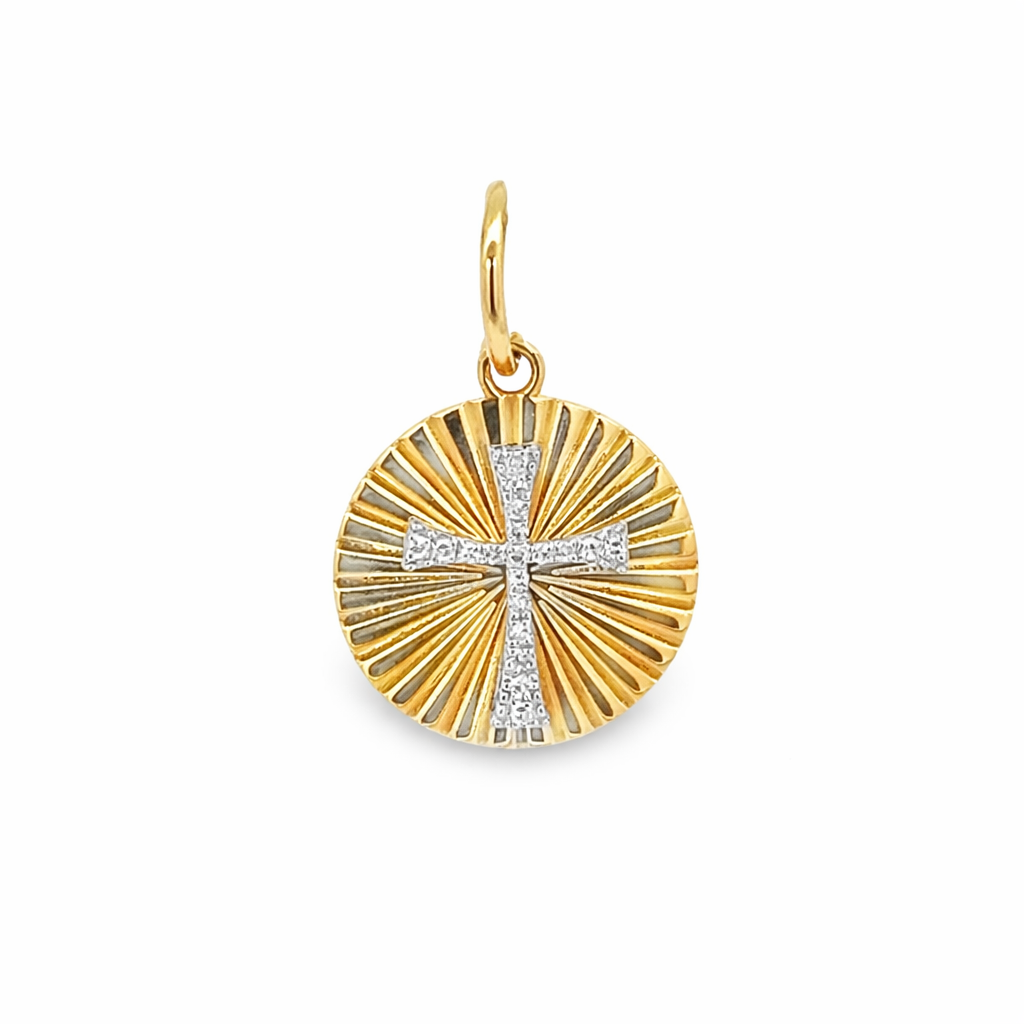 D0.06CT 14KY DISC RAY CROSS PAVE PENDANT