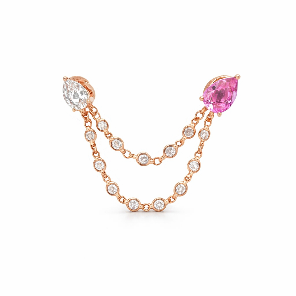 D0.27 14KR PEAR PINK SAPPHIRE AND DIAMOND CHAIN EARRING