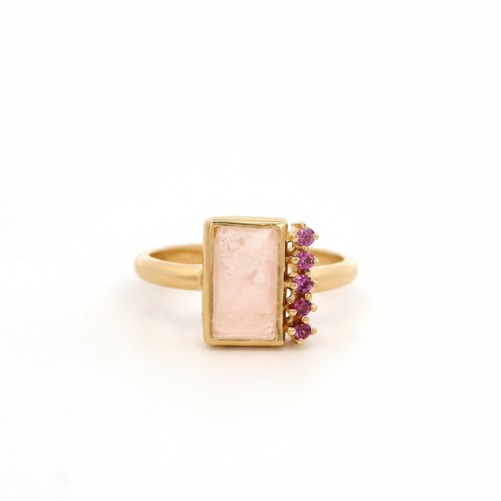 925YG BAGUETTE ROSE QUARTZ AND RHODOLITE GARNET RING T6.5