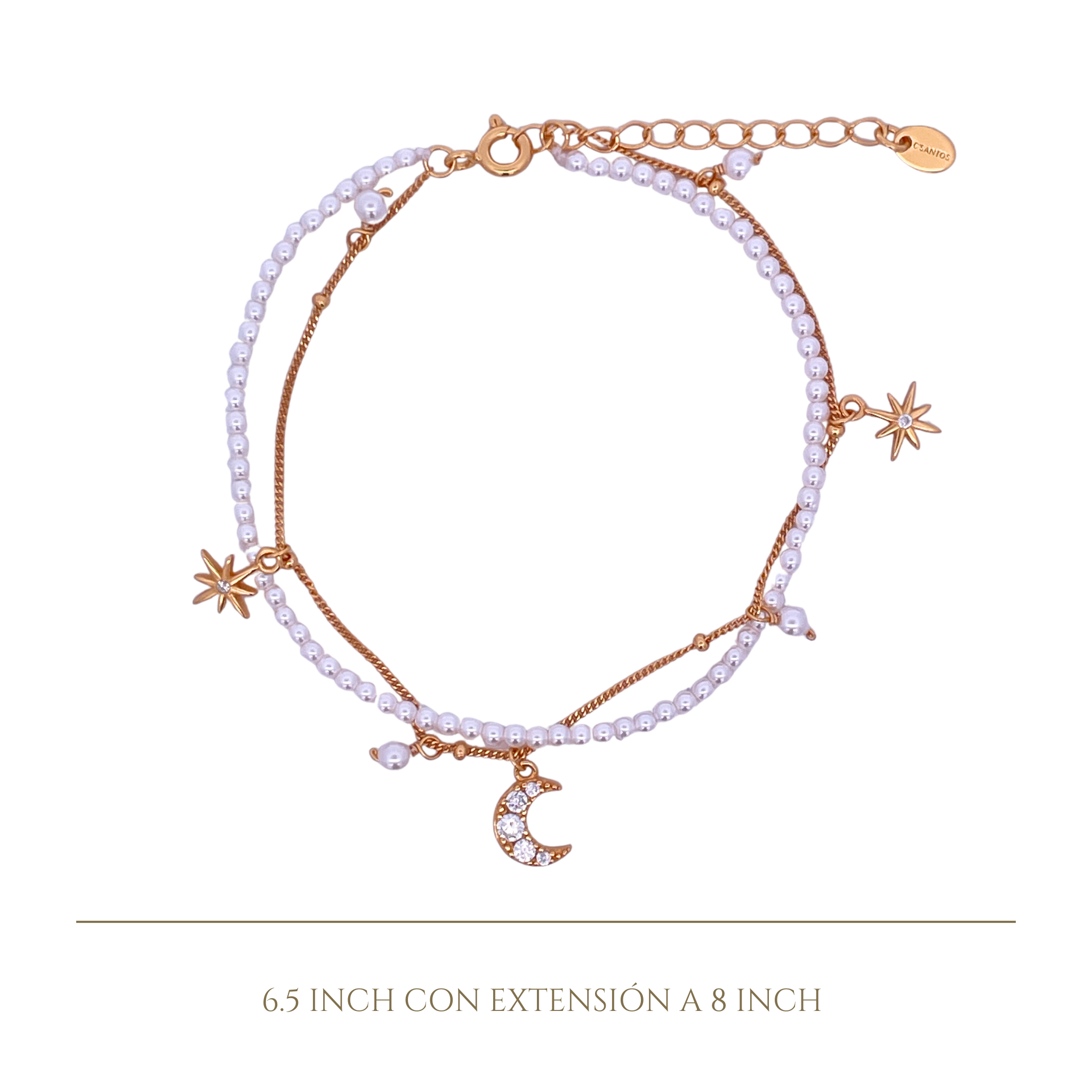 925YG DOUBLE LINE WITH CENTER MOON AND MULTI CHARM BRACELET SYN PEARL