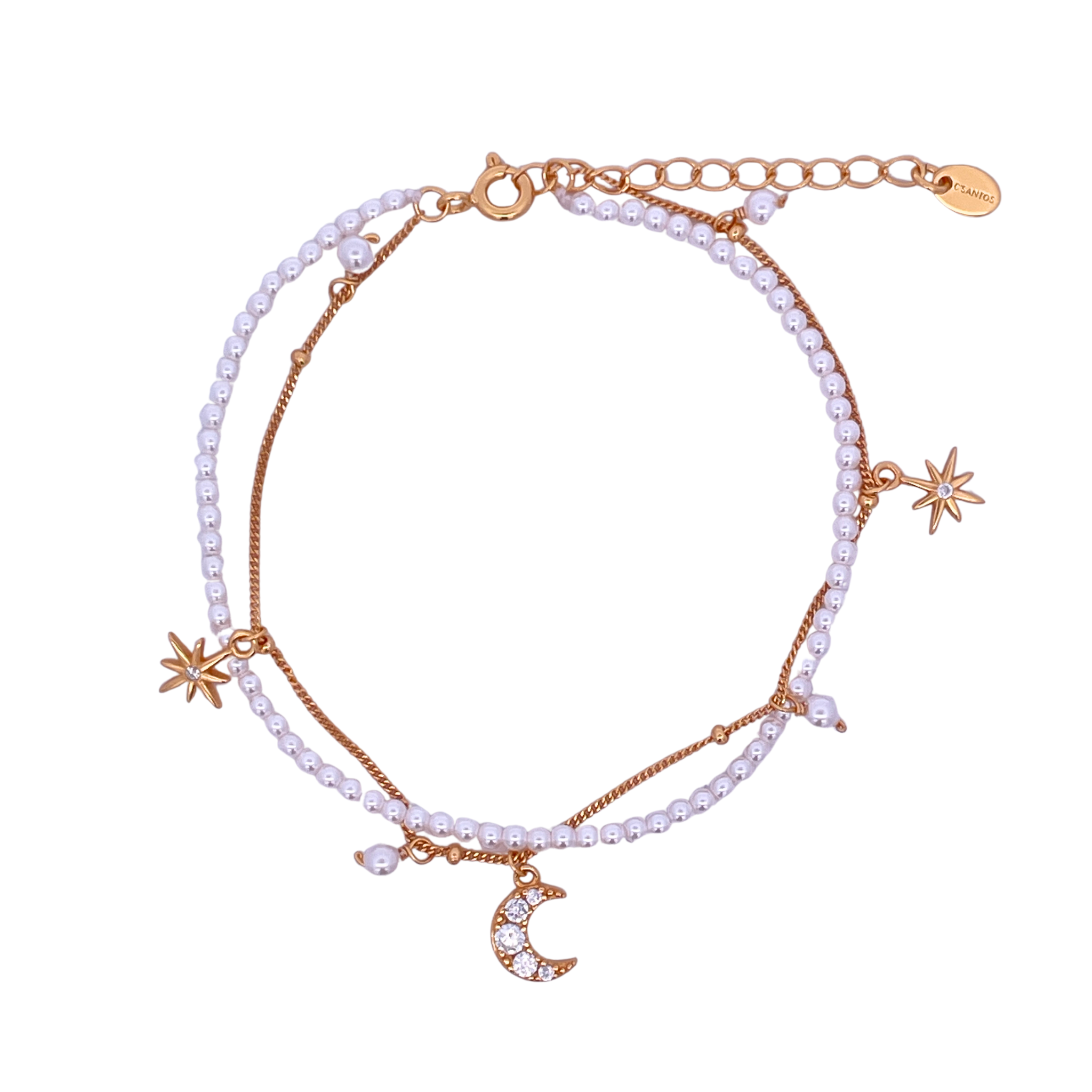925YG DOUBLE LINE WITH CENTER MOON AND MULTI CHARM BRACELET SYN PEARL