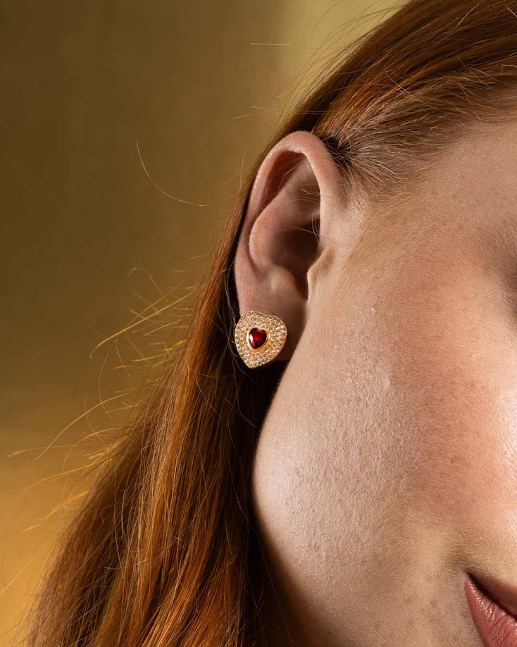 925YG HEART PAVE WITH HEART PINKISH RED CZ EARRINGS