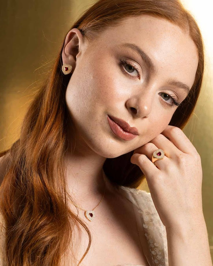 925YG HEART PAVE WITH HEART PINKISH RED CZ ADJUSTABLE RING