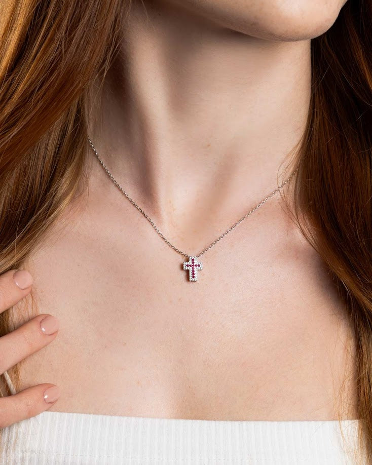 925SL CROSS PAVE MULTICOLOR CZ PINK NECKLACE