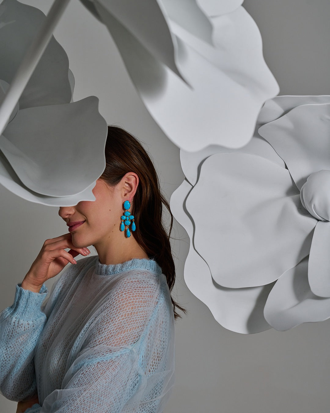 EARRINGS OVAL 18X13 TOP WITH CLUSTER OF OVALS AND THREE DROPS 26X8 ALL TURQUOISE