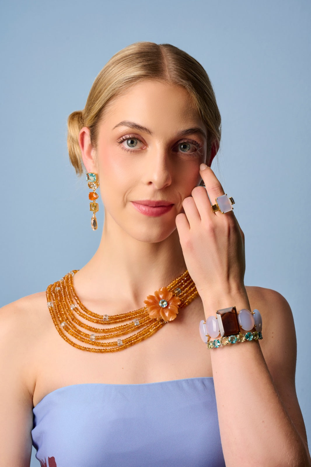 LONG NECKLACE OF 6 STRANDS OF CITRINE RONDELLES WITH BLUE TOPAZ AND REMOVABLE CARVED RED A