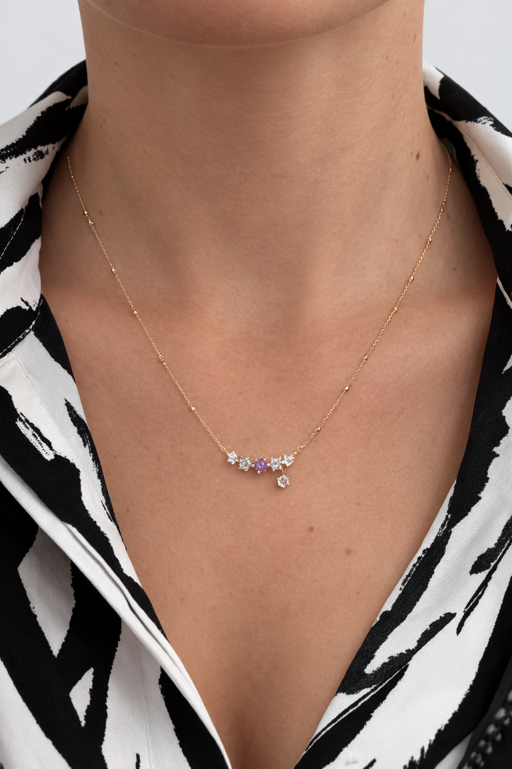 925YG BAR CURV MULTI STONE CENTER AMETHYST NECKLACE