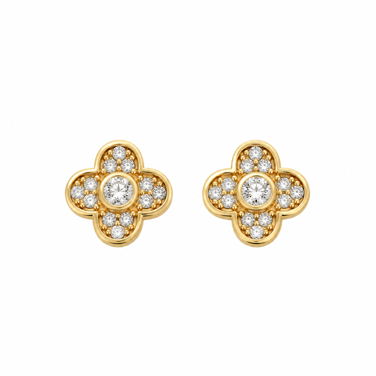 Aretes Trébol en Oro Amarillo 14K con Circonias