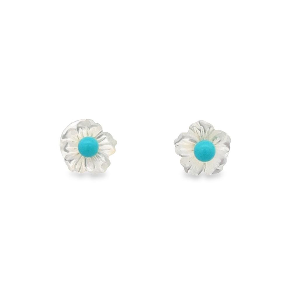 ARETES DE BEBE 14KY CON FLOR CONCHA NACAR Y CENTRO TURQUESA - C'SANTOS