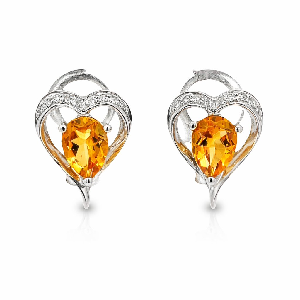 ARETES DE CORAZON CON CITRINA Y HALO DE DIAMANTES EN ORO BLANCO 14K