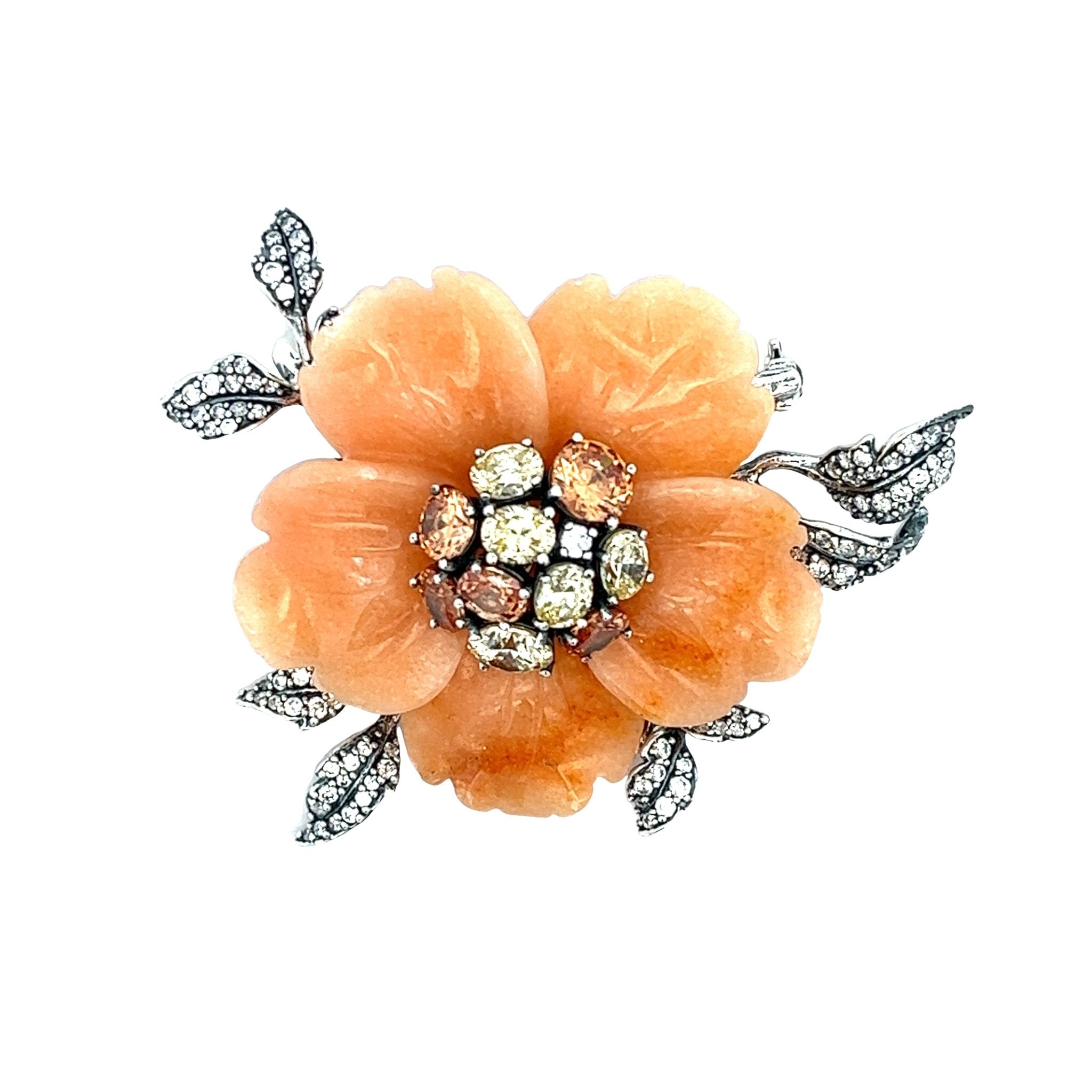 BROOCH PENDANT SILVER CENTER FLOWER ORANGE CALCITE MIX CZ - C'SANTOS