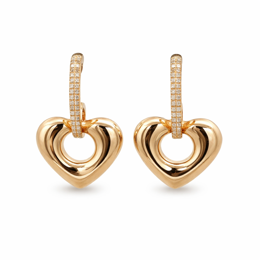 D0.17CT 14KY OVAL PAVE AND HEART PUFFY CHARM EARRINGS