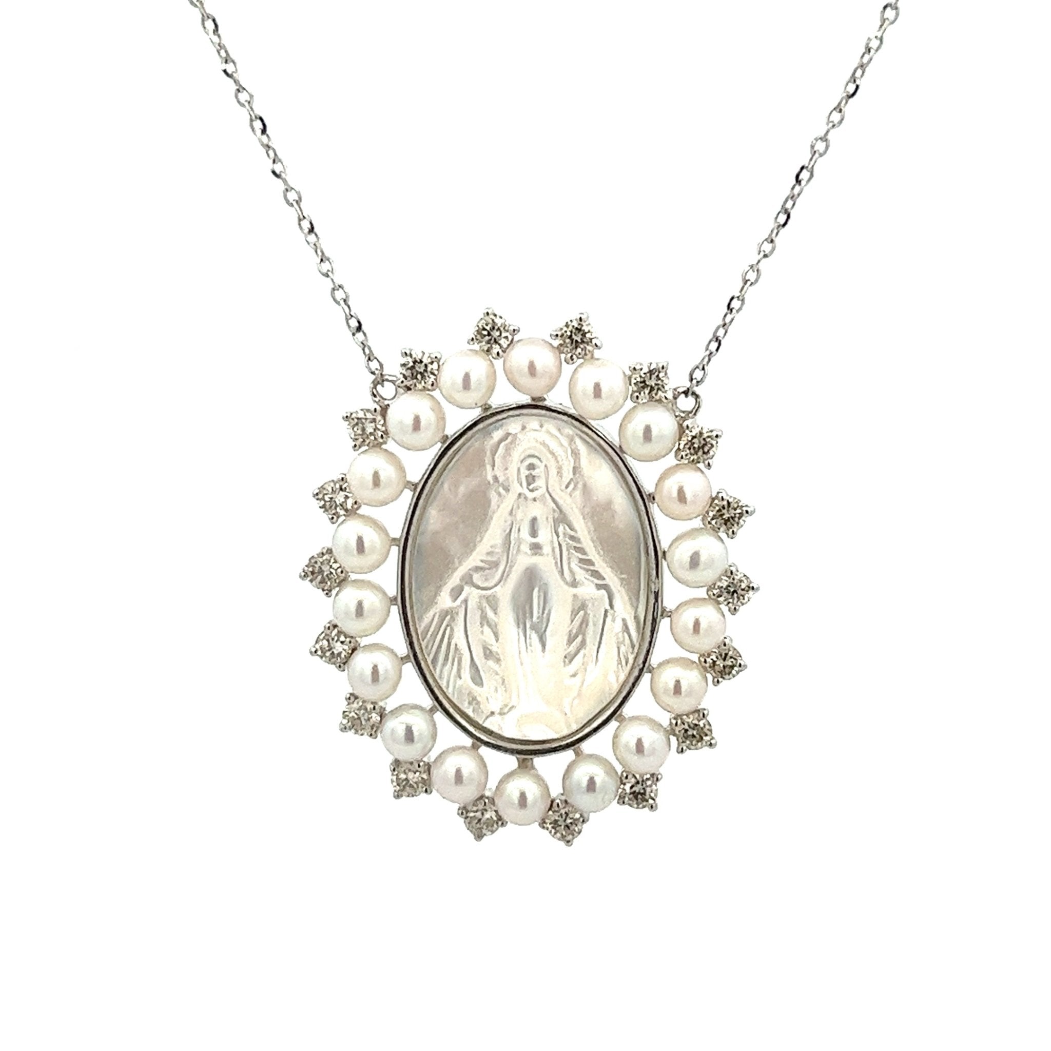 CADENA DE ORO 14K CON DIJE VIRGEN DE CONCHA NACAR PERLAS Y DIAMANTES - C'SANTOS