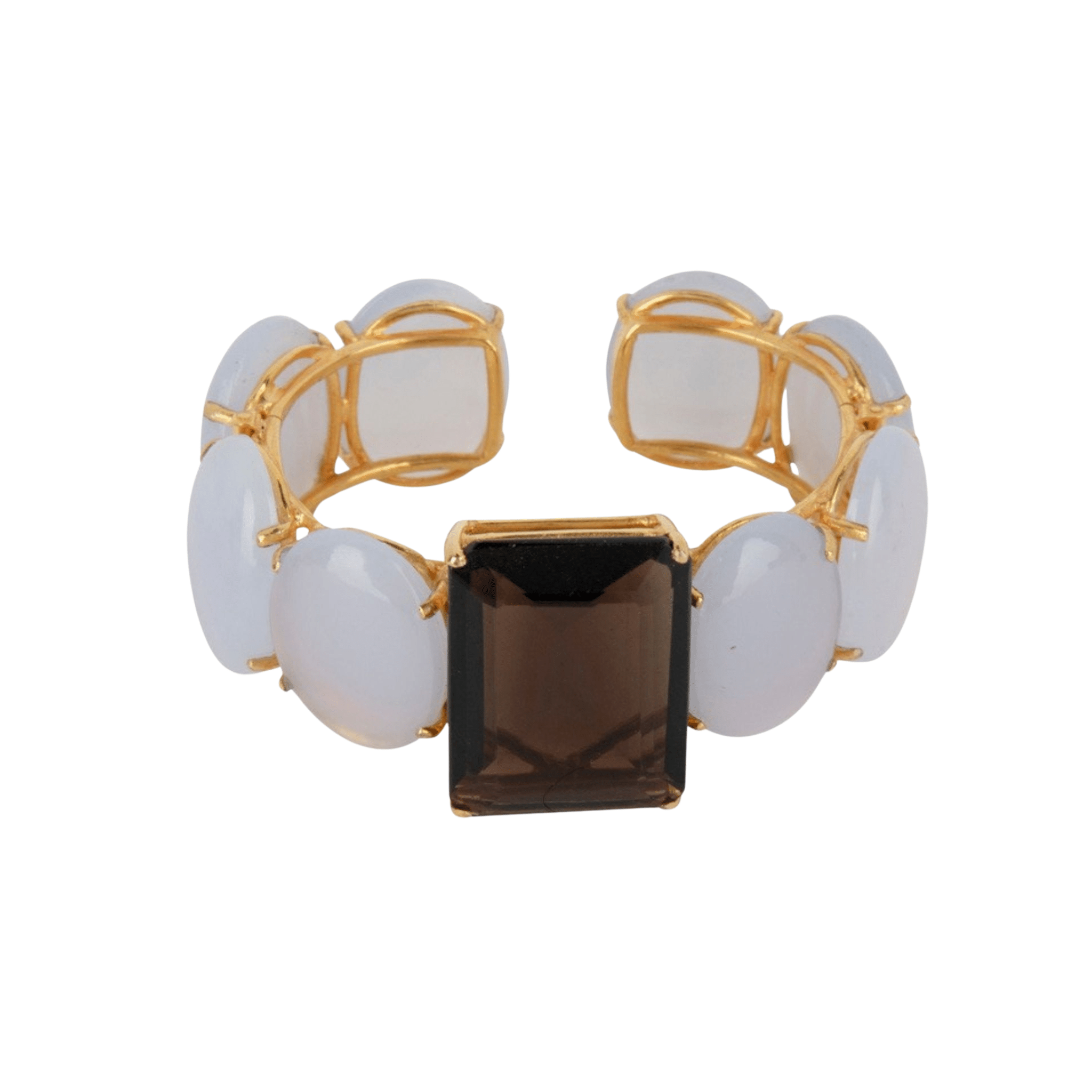 CUFF HINGED SET WITH 26X19 OVAL CHALCEDONY CABOCHONS AND EMERALD CUT 33X23 SMOKY QUARTZ CENTER - C'SANTOS