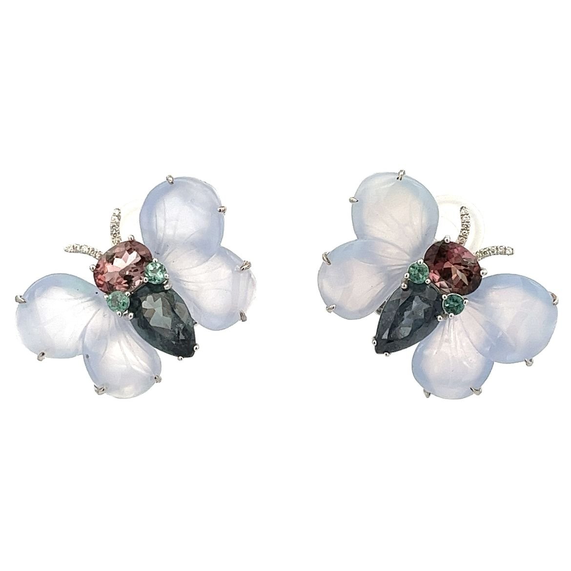 D0.07CT 18KW BUTTERFLY EARRINGS TOURMALINE 7.62CT CHALCEDONY 31.9CT - C'SANTOS