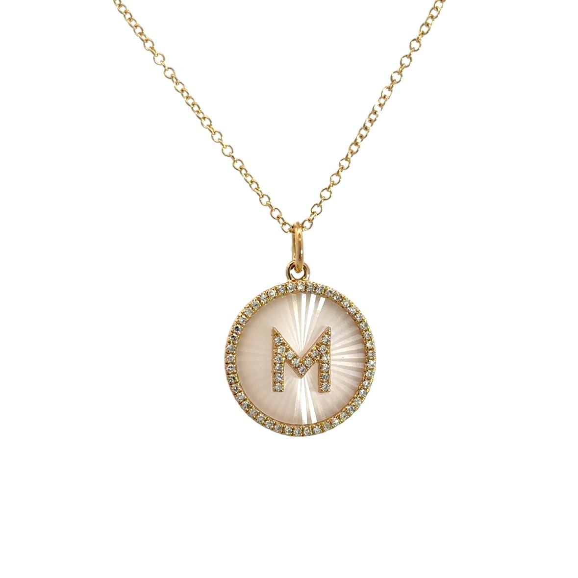 D0.13CT 14KY TEXTURE COIN LETTER M NECKLACE MOPP1.89CT - C'SANTOS