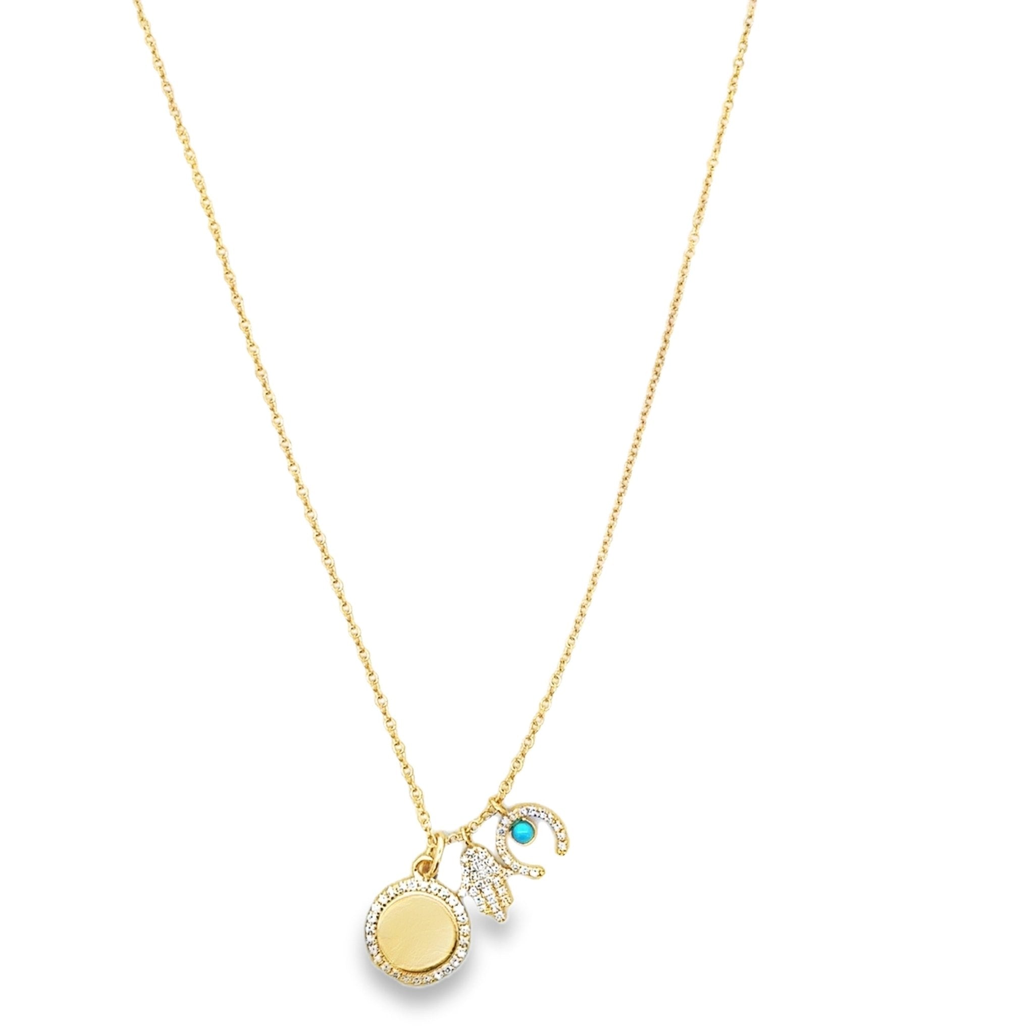 D0.17CT 14KY MULTI CHARM COIN HAMSA HALF MOON NECKLACE TQ0.05CT - C'SANTOS