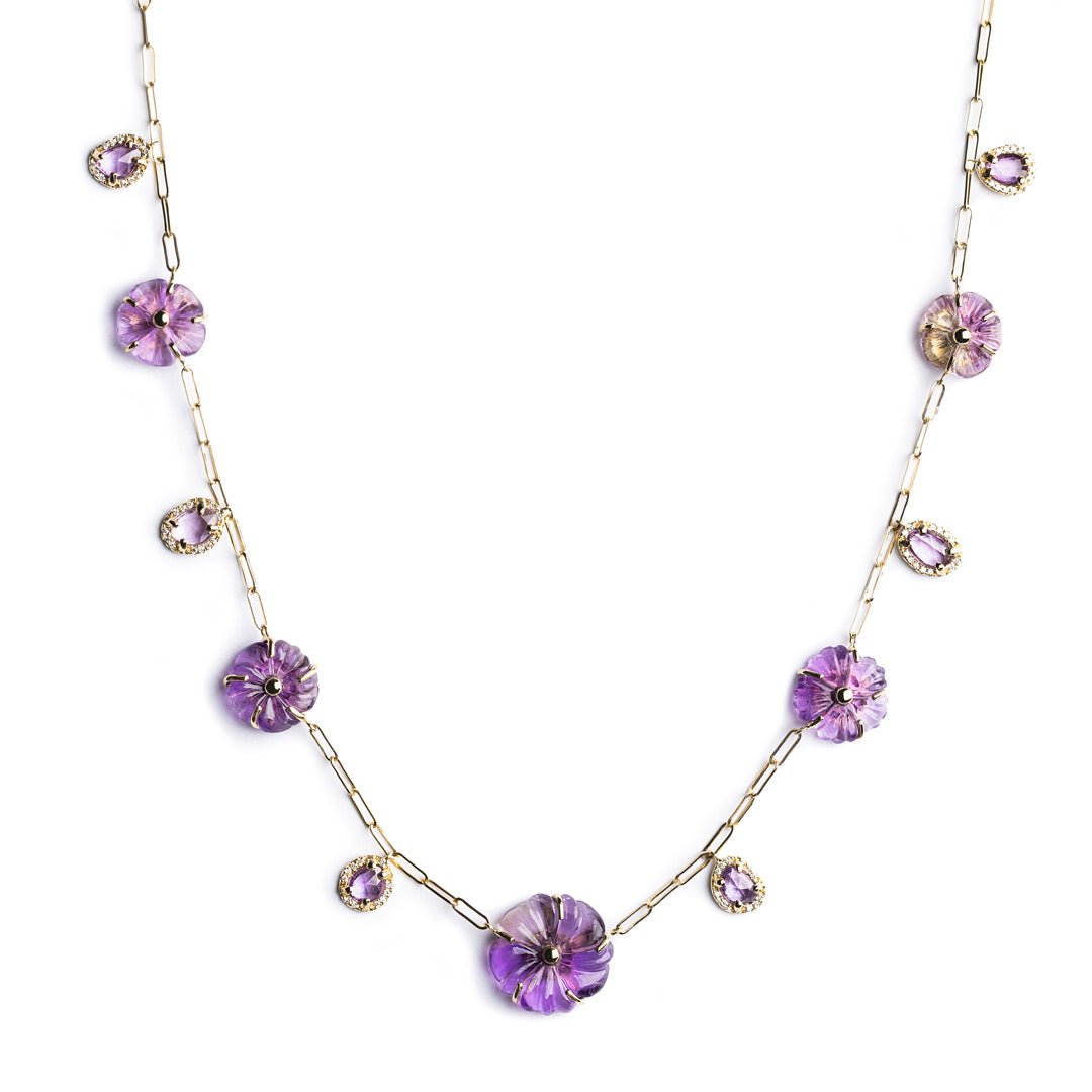 D0.37 CT COLLAR ORO AMARILLO 14KT CON FLORES AMATISTA MORADA Y AMATISTA POLKI - C'SANTOS