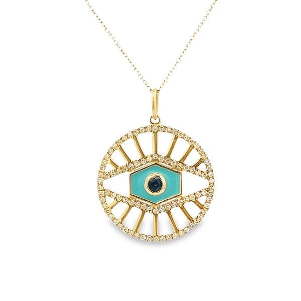 D0.39CT 14KY BLUE SAPPHIRE TOURQOISE ENAMEL EVIL EYE CHARM - C'SANTOS