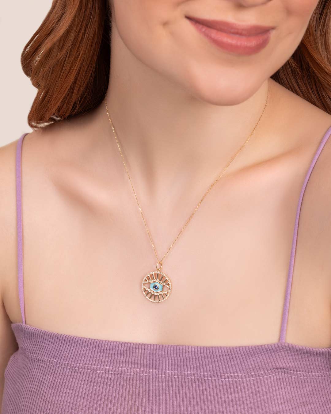 D0.39CT 14KY BLUE SAPPHIRE TOURQOISE ENAMEL EVIL EYE CHARM - C'SANTOS