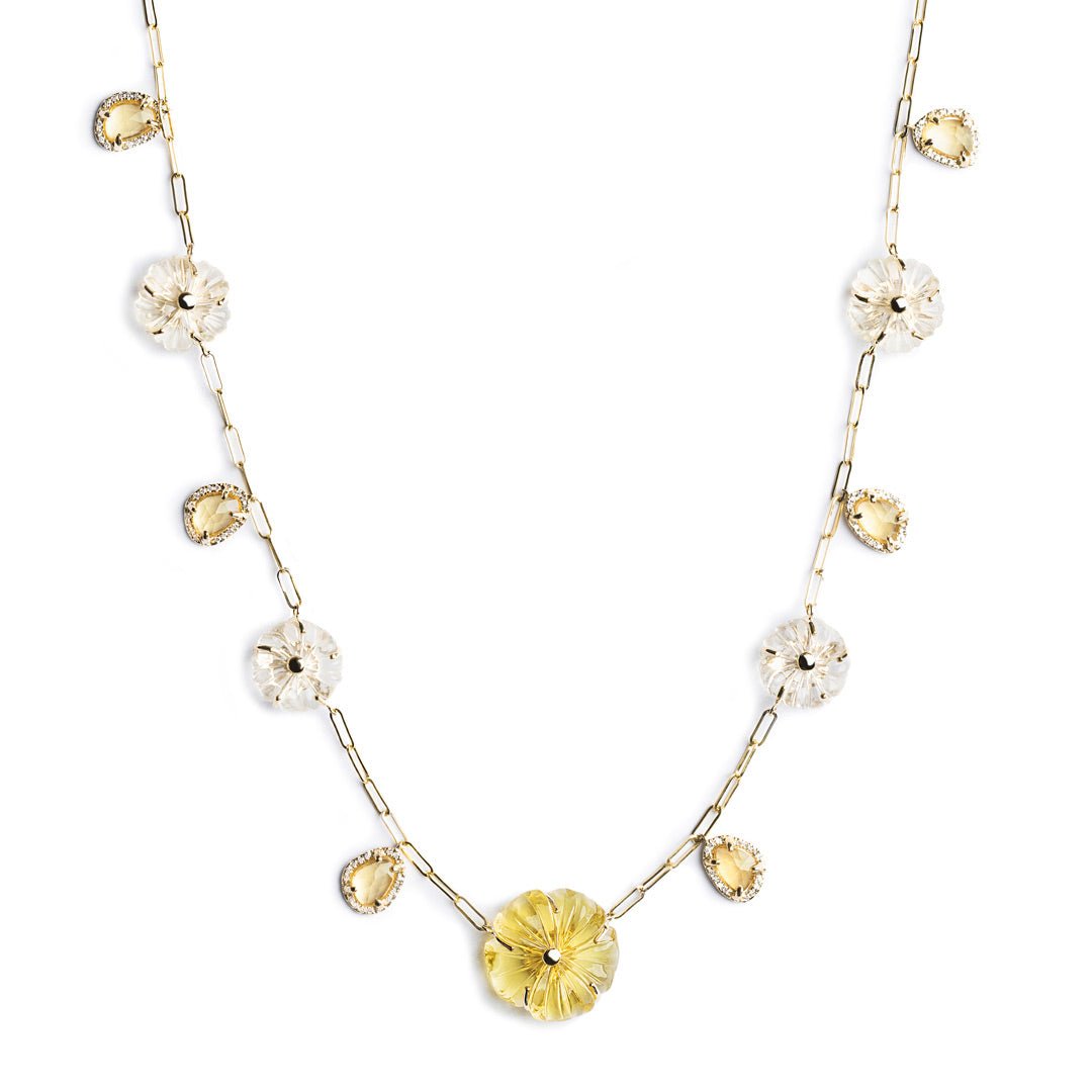 D0.49 CT COLLAR ORO AMARILLO 14KT CON FLORES CITRINA Y AMATISTA VERDE Y CITRINAS POLKI - C'SANTOS