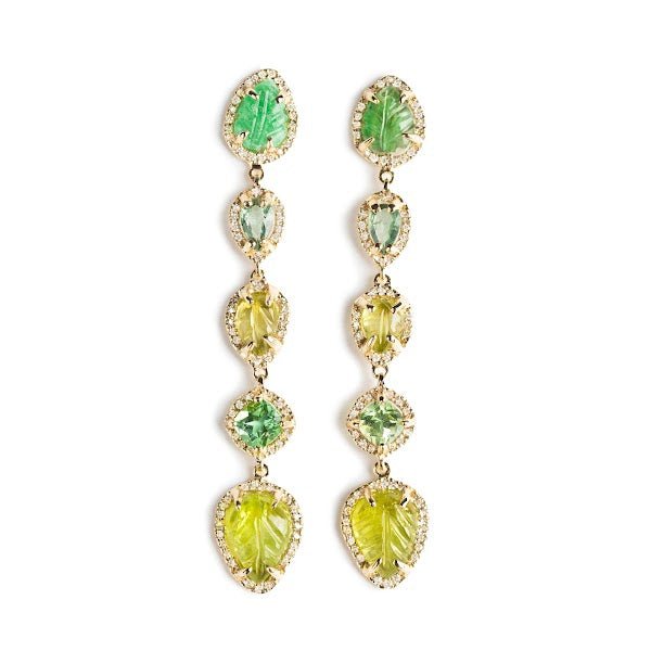 D0.84 CT ARETES ORO AMARILLO 14KT CON HOJAS PERIDOT ESMERALDA Y TURMALINA VERDE - C'SANTOS