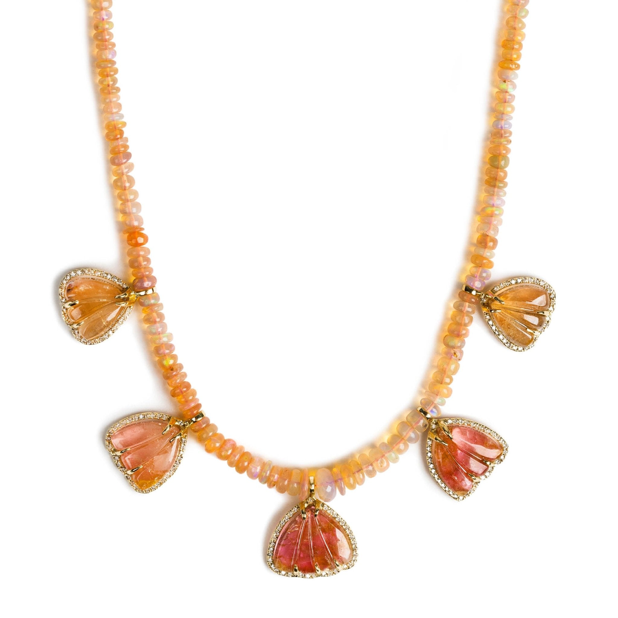 D0.84 CT COLLAR ORO AMARILLO 14KT CON OPALO NARANJA Y ALAS COLGANTES TURMALINA - C'SANTOS