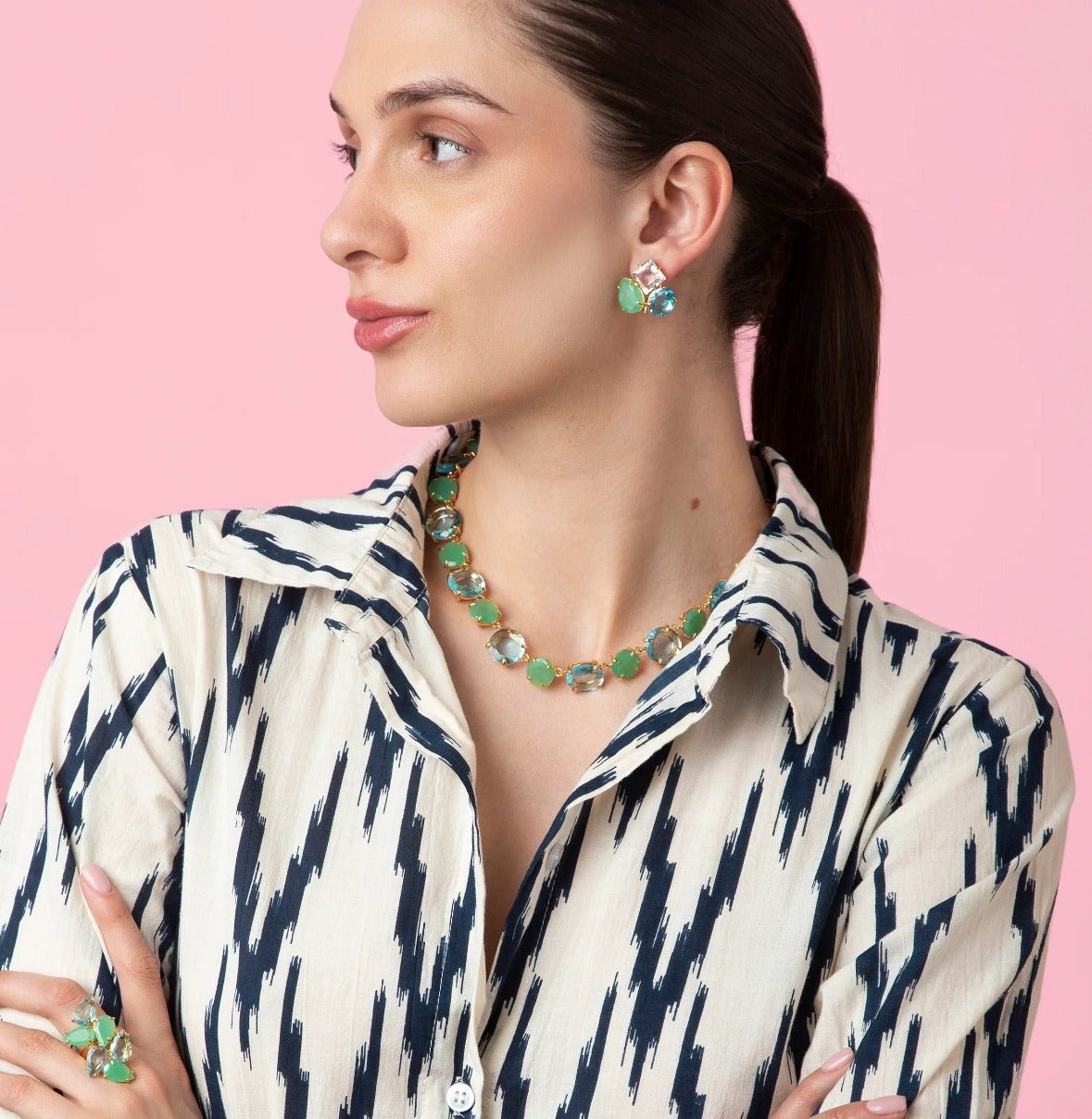 EAR CLIPS SET WITH BLUE CLEAR QUARTZ AND CHRYSOPRASE CASTING - C'SANTOS