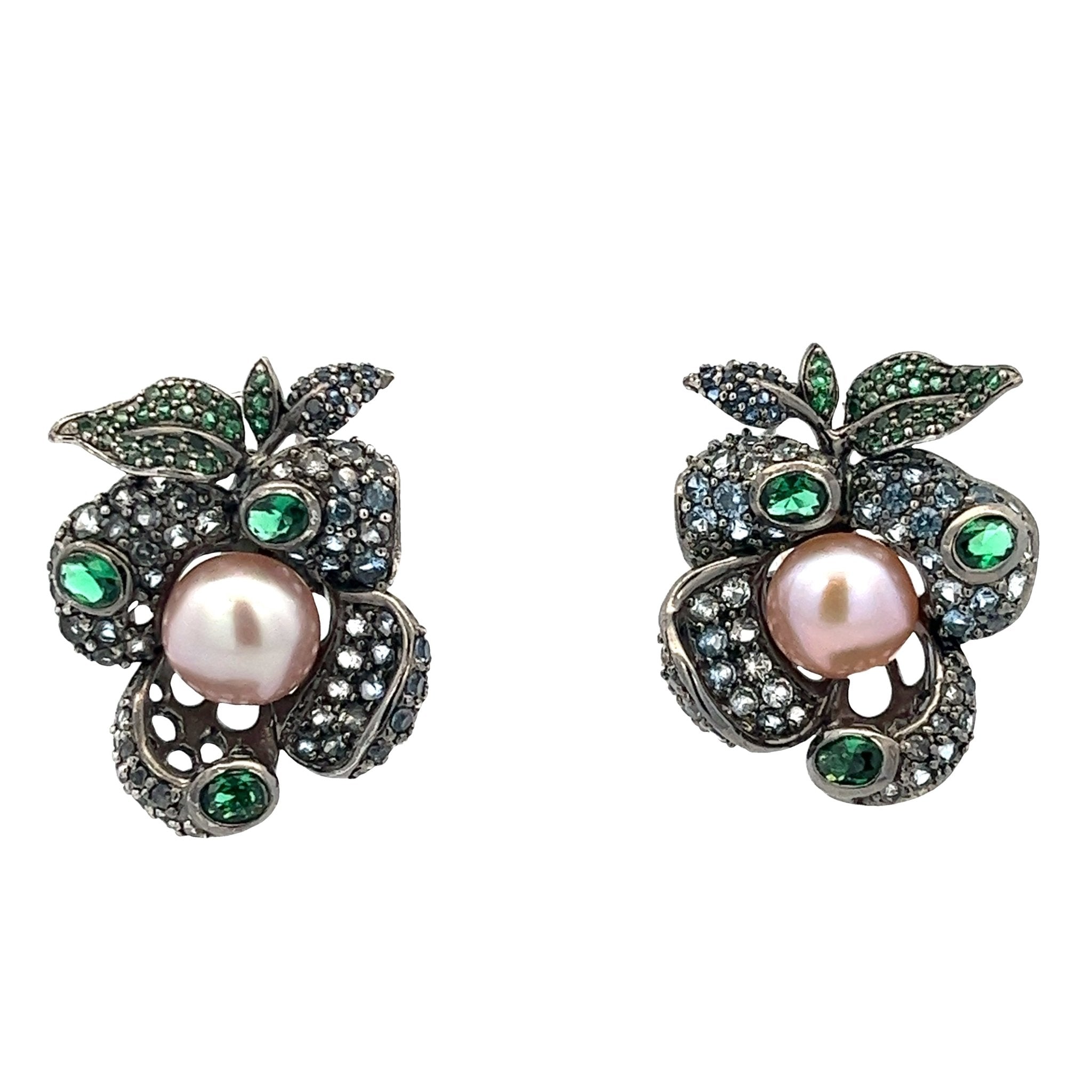 EARRING SILVER CENTER NATURAL PEARL PURPLE SYN BLUE TOPAZ GREEN - C'SANTOS