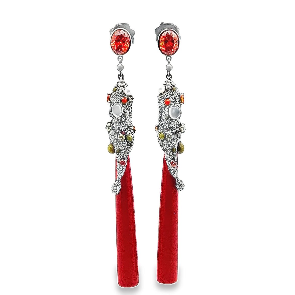 EARRING SILVER CENTER SYN CORAL RED MOONSTONE OLIVE ORANGE YELLOW WHITE - C'SANTOS