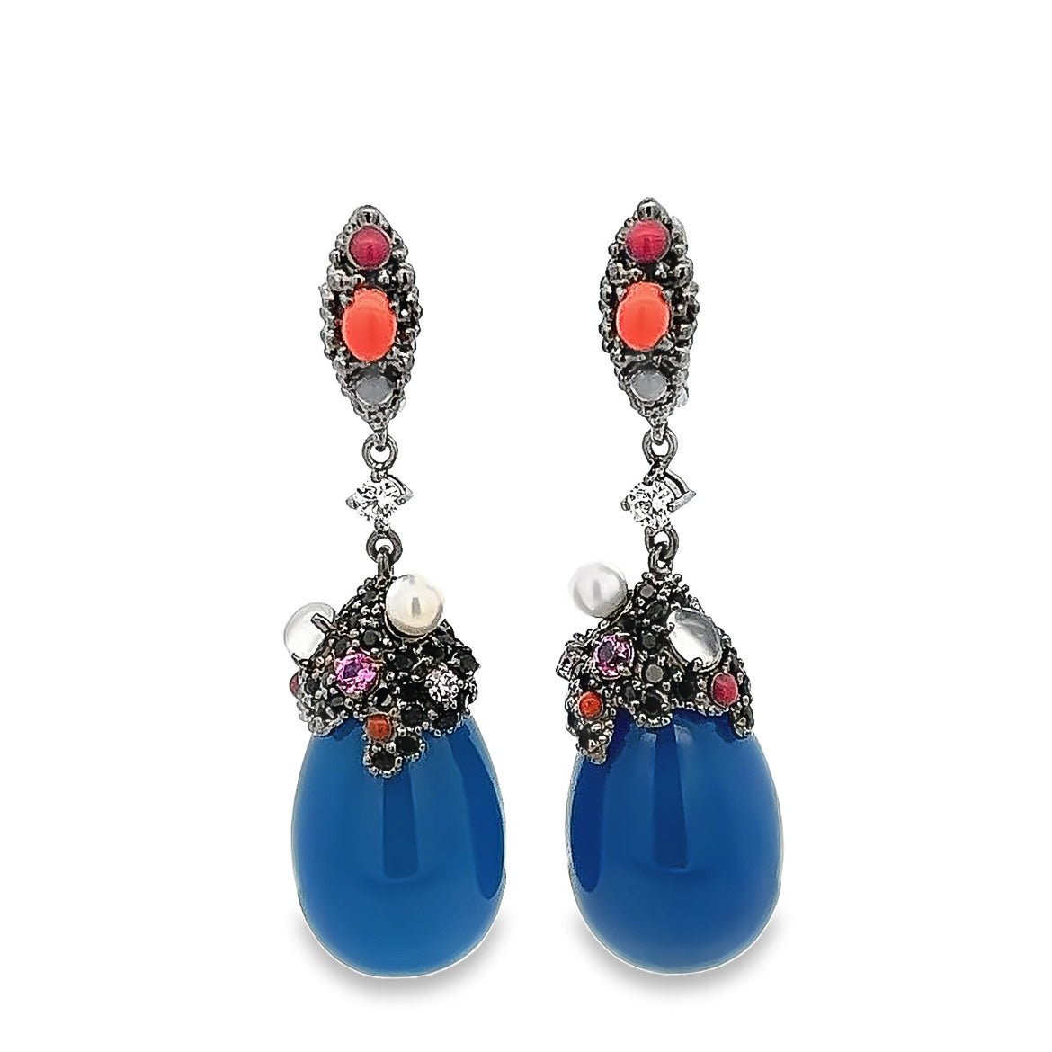 EARRING SILVER CENTER SYN TURQUOISE SYN PINK MOON STONE BL OR YL CH CZ - C'SANTOS