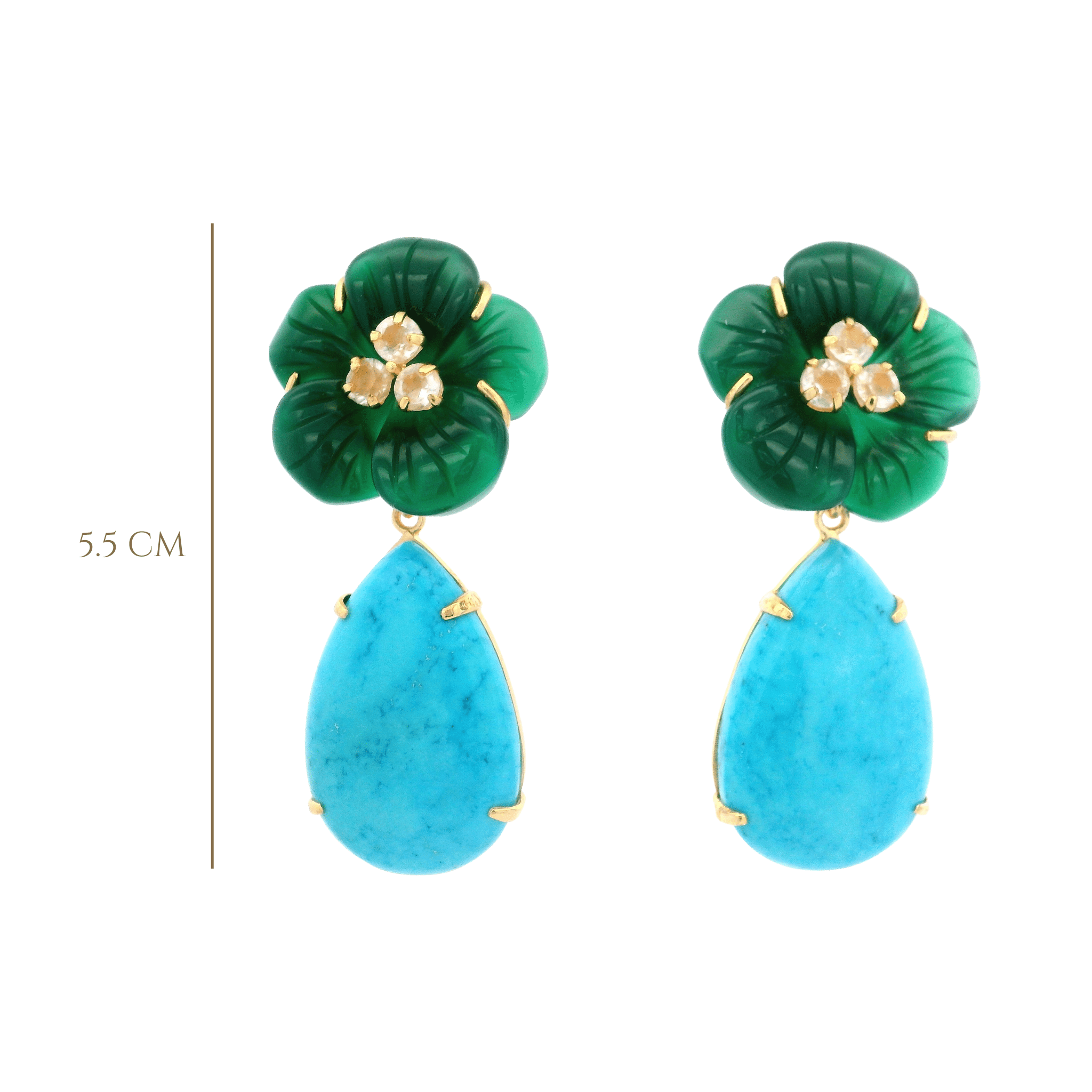 EARRINGS 28MM GREEN AGATE FLOWER AND CLEAR QUARTZ CENTER WITH 30X20 TURQUOISE DROPS - C'SANTOS