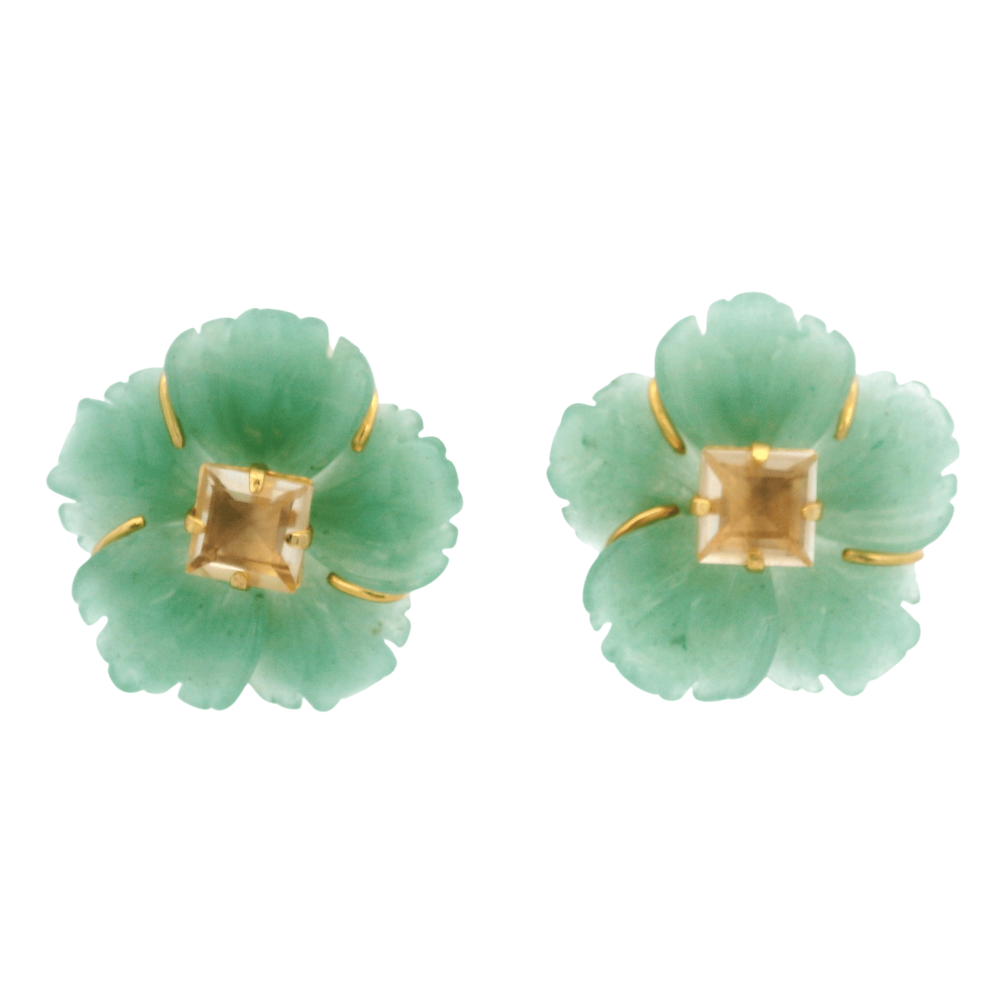 EARRINGS 30MM CARVED GREEN AVENTURINE FLOWER CENTERED WITH A SQUARE LEMON QUARTZ - C'SANTOS