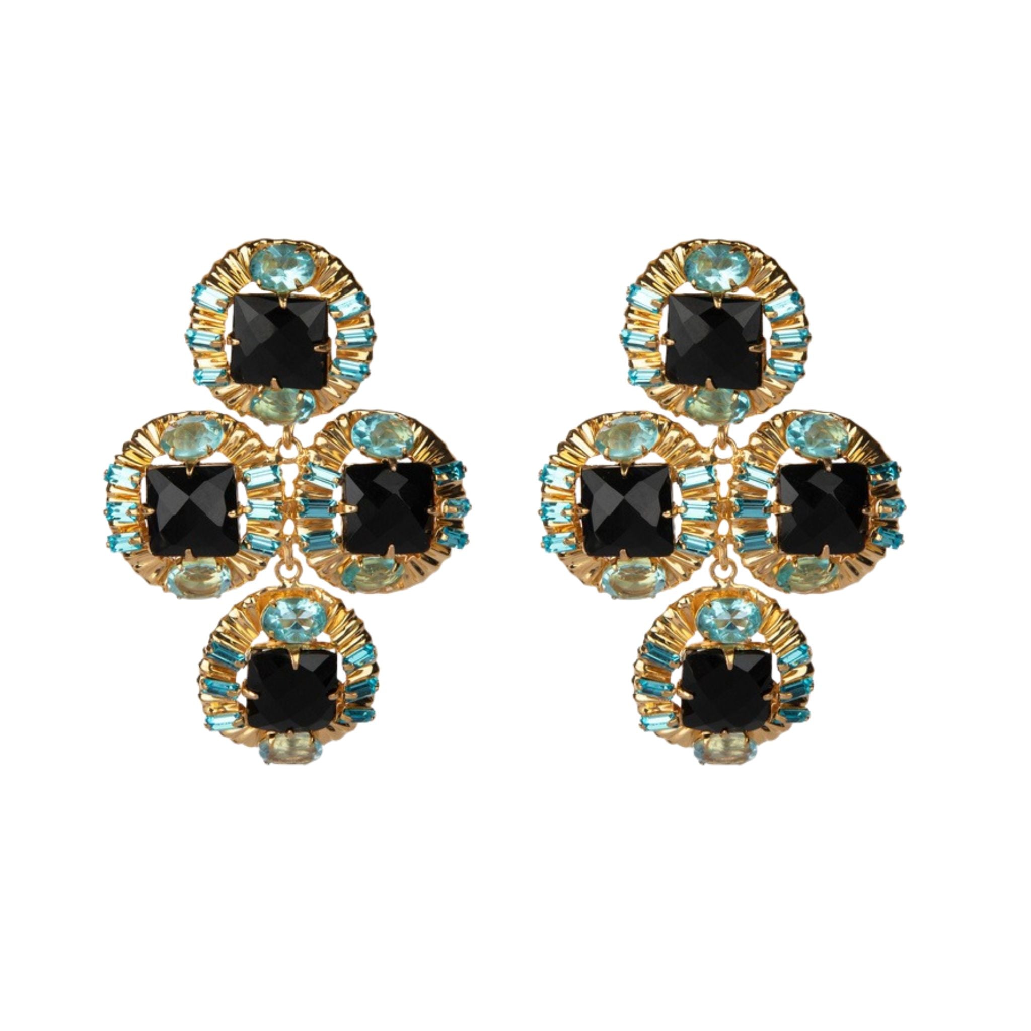 EARRINGS FANCY OVAL METAL SET WITH SQUARE BLACK ONYX AND BLUE CZ BAGUETTES - C'SANTOS