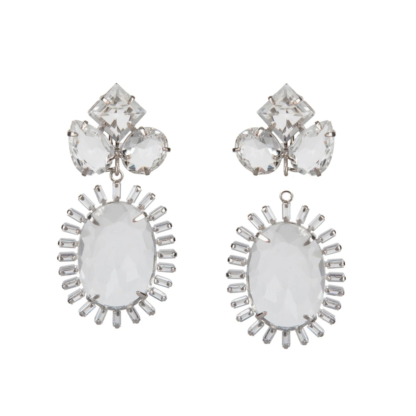 EARRINGS RHODIUM PLATED CLUSTER TOP ROUND OVAL PEAR SHAPE WITH 26X19 OVAL SURROUNDED WITH CZ ALL CLE - C'SANTOS