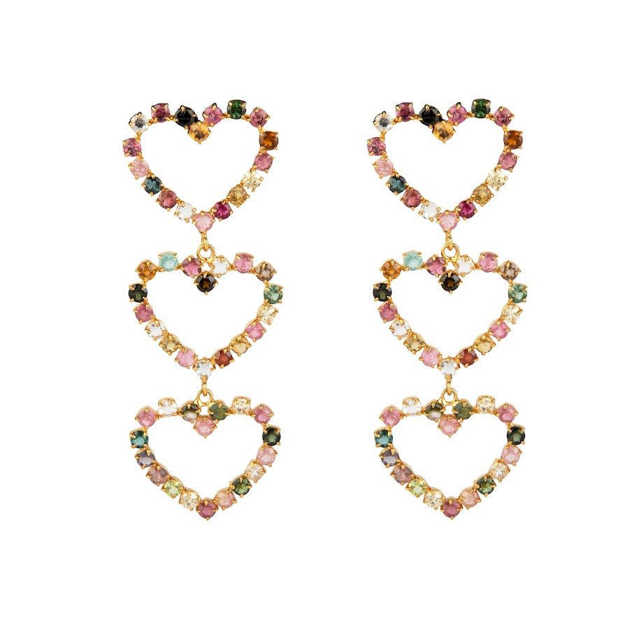EARRINGS ROW OF THREE HEARTS SET WITH FACETED 3MM ROUND TOURMALINES - C'SANTOS