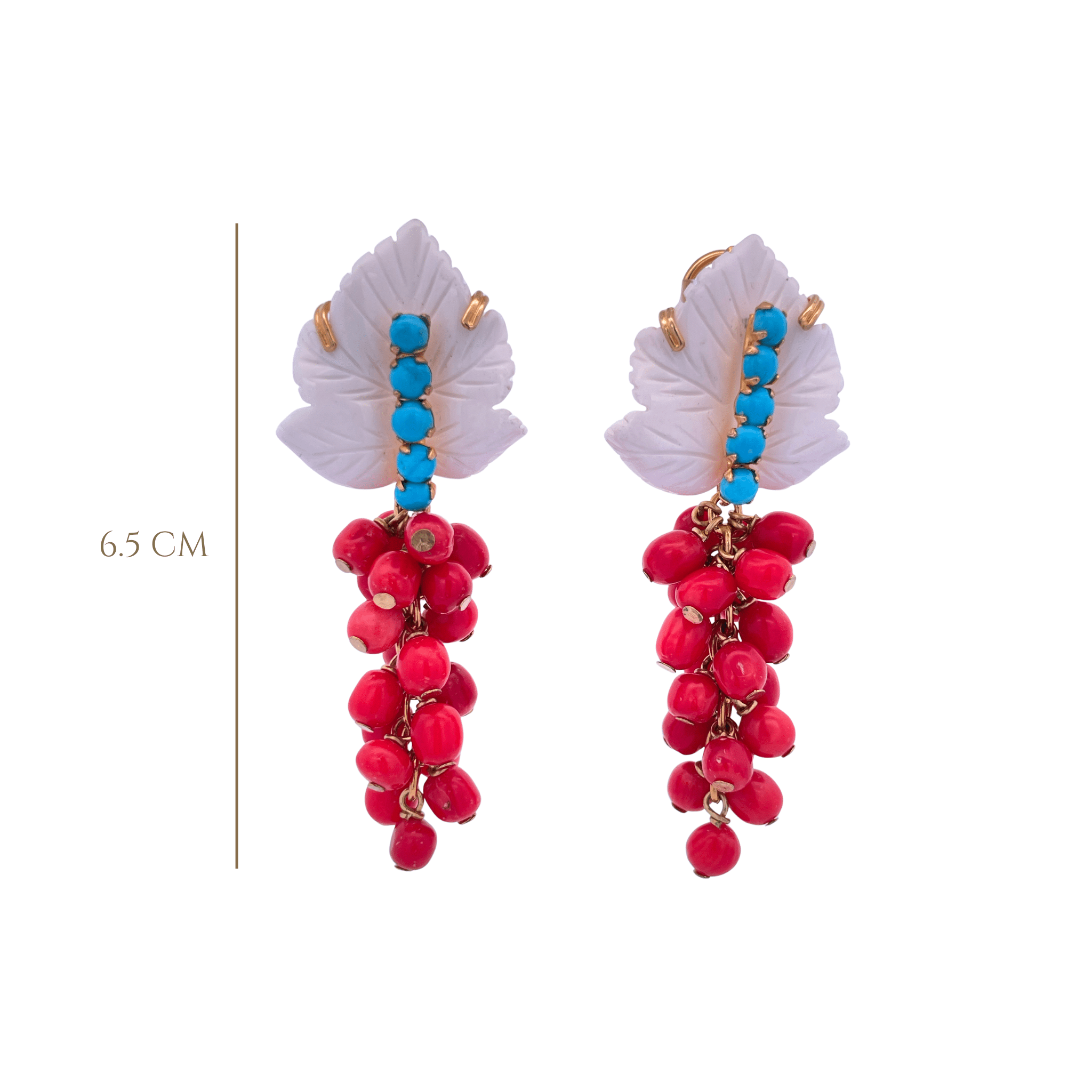 EARRINGS WHITE AGATE LEAF TURQUOISE CENTER AND CORAL BEADS VIGNE - C'SANTOS