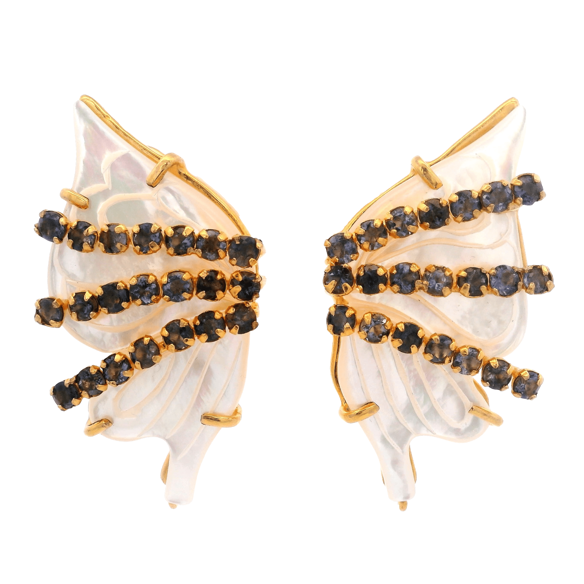 EARRINGS WHITE MOTHER PEARL BUTTERFLY SHAPE SET WITH IOLITE - C'SANTOS