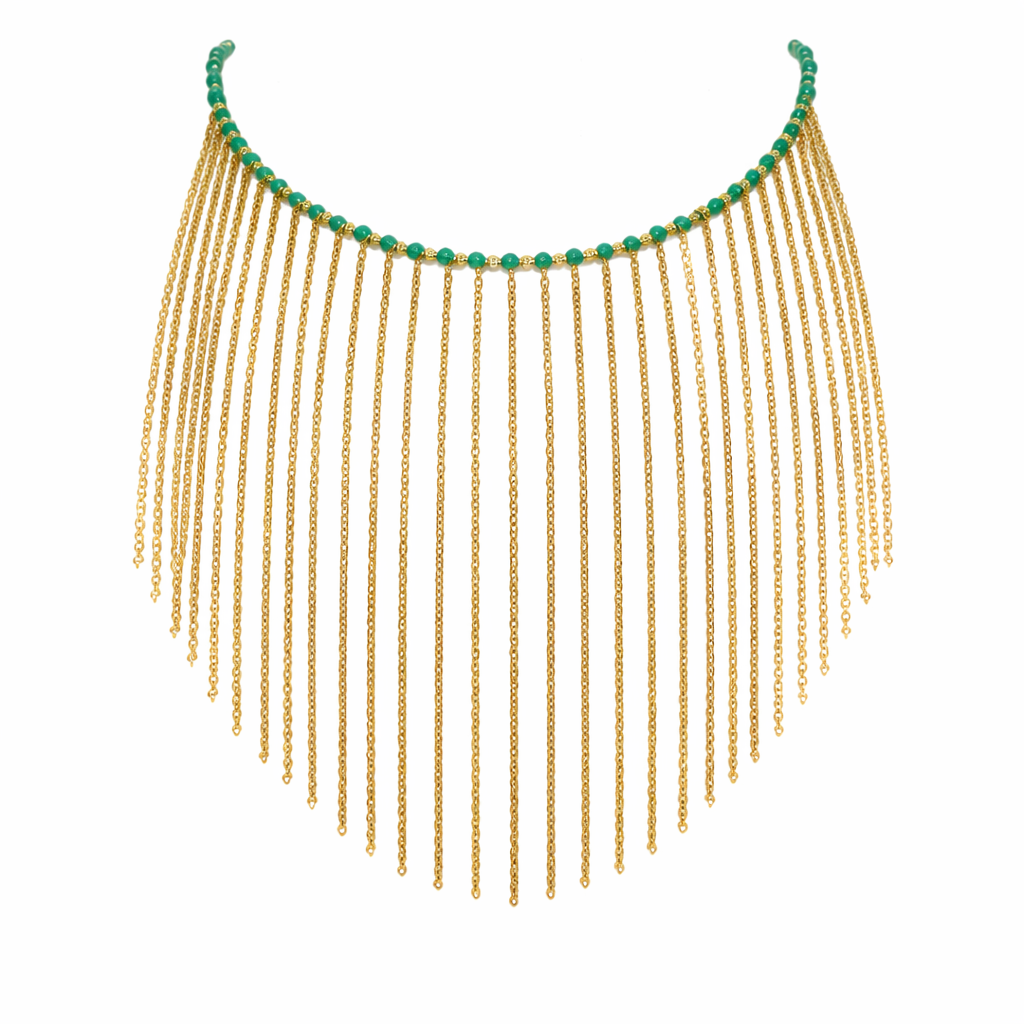 Collar Catena con Cuentas Verdes en Plata 925 Bañada en Oro