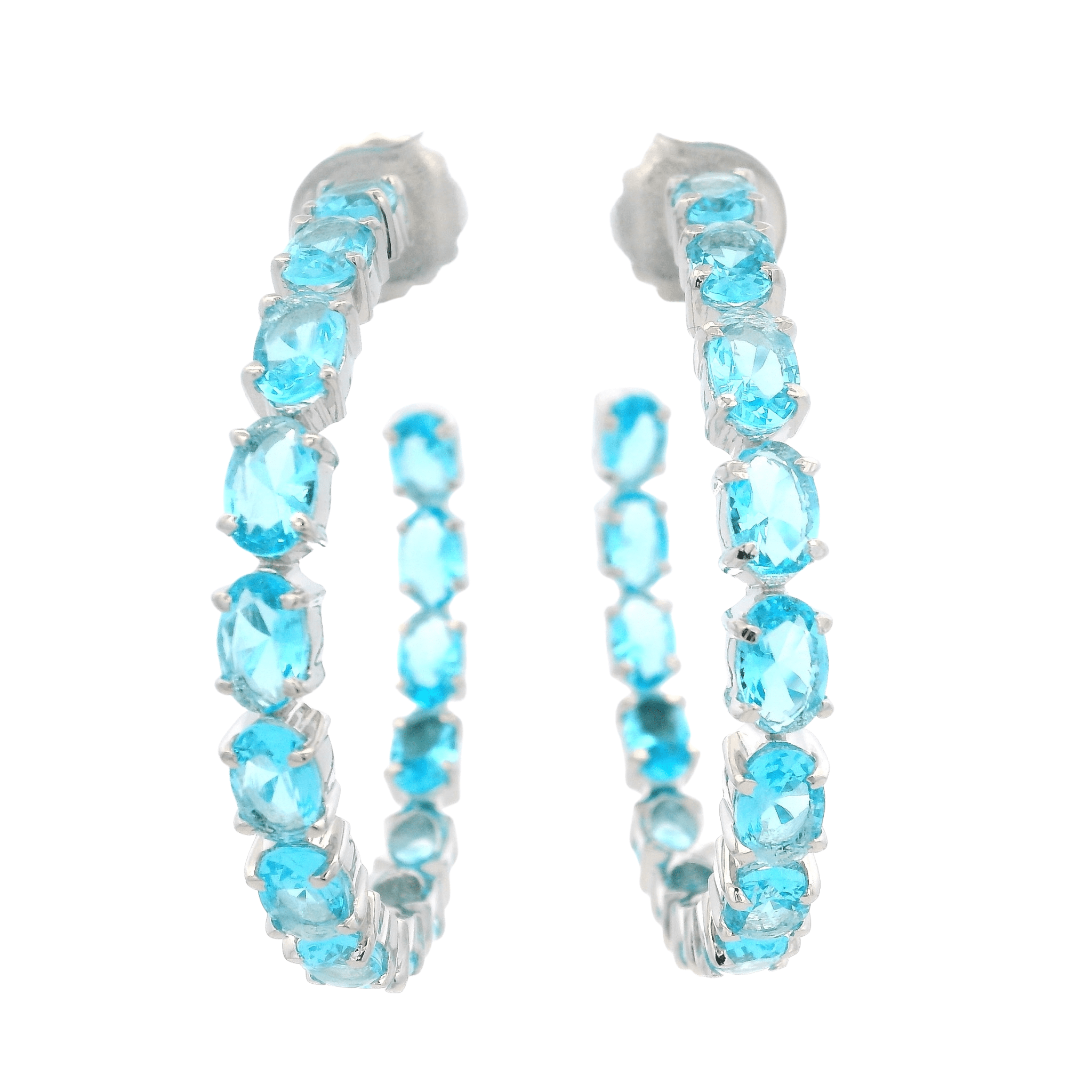 HOOP EARRINGS DOUBLE SIDED SET WITH OVAL BLUE TOPAZ RHODIUM PLATED - C'SANTOS