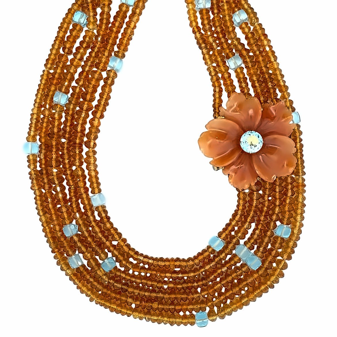 LONG NECKLACE OF 6 STRANDS OF CITRINE RONDELLES WITH BLUE TOPAZ AND REMOVABLE CARVED RED A - C'SANTOS