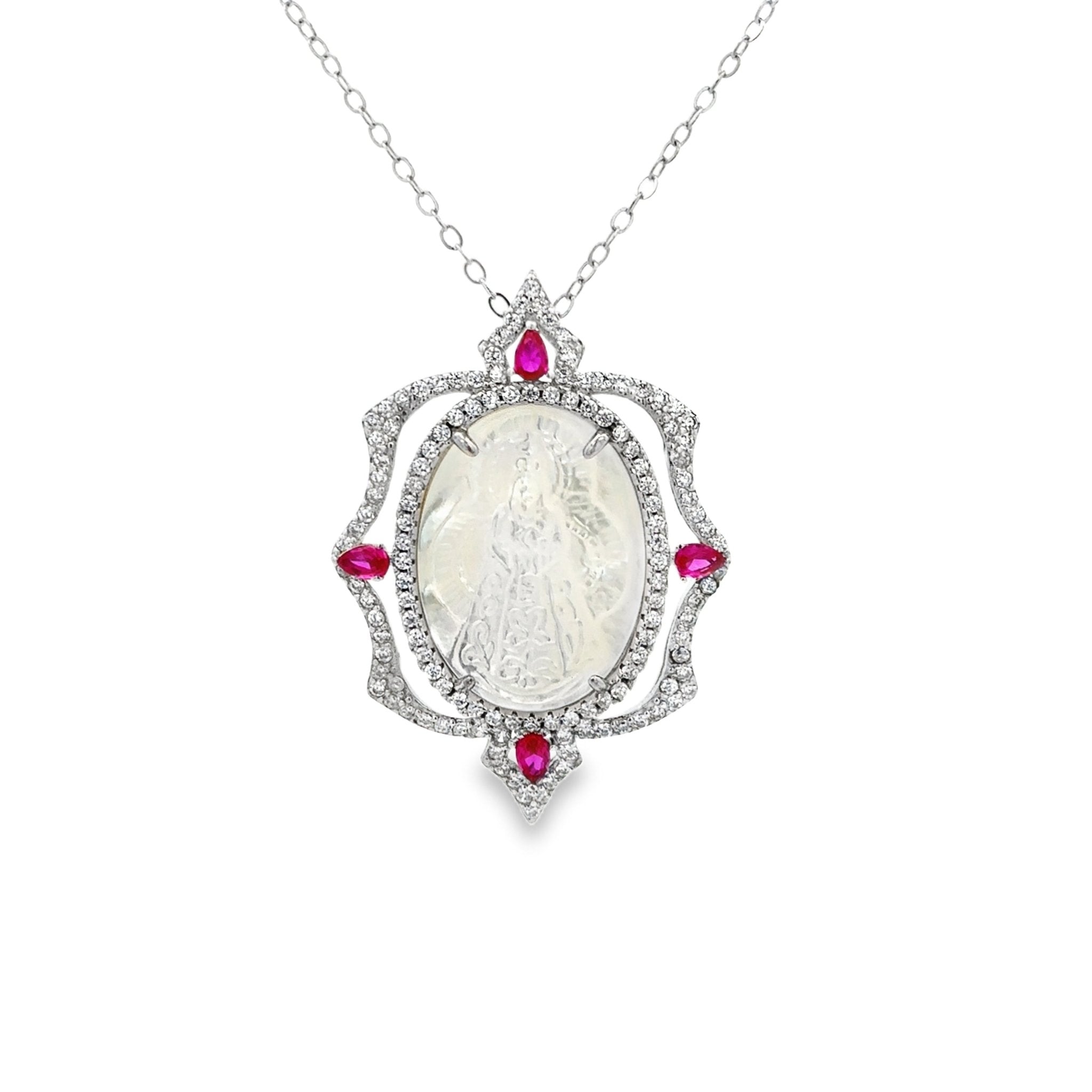 NECKLACE 925 SILVER VIRGIN OF THE ROSARY WITH STONES RED - C'SANTOS