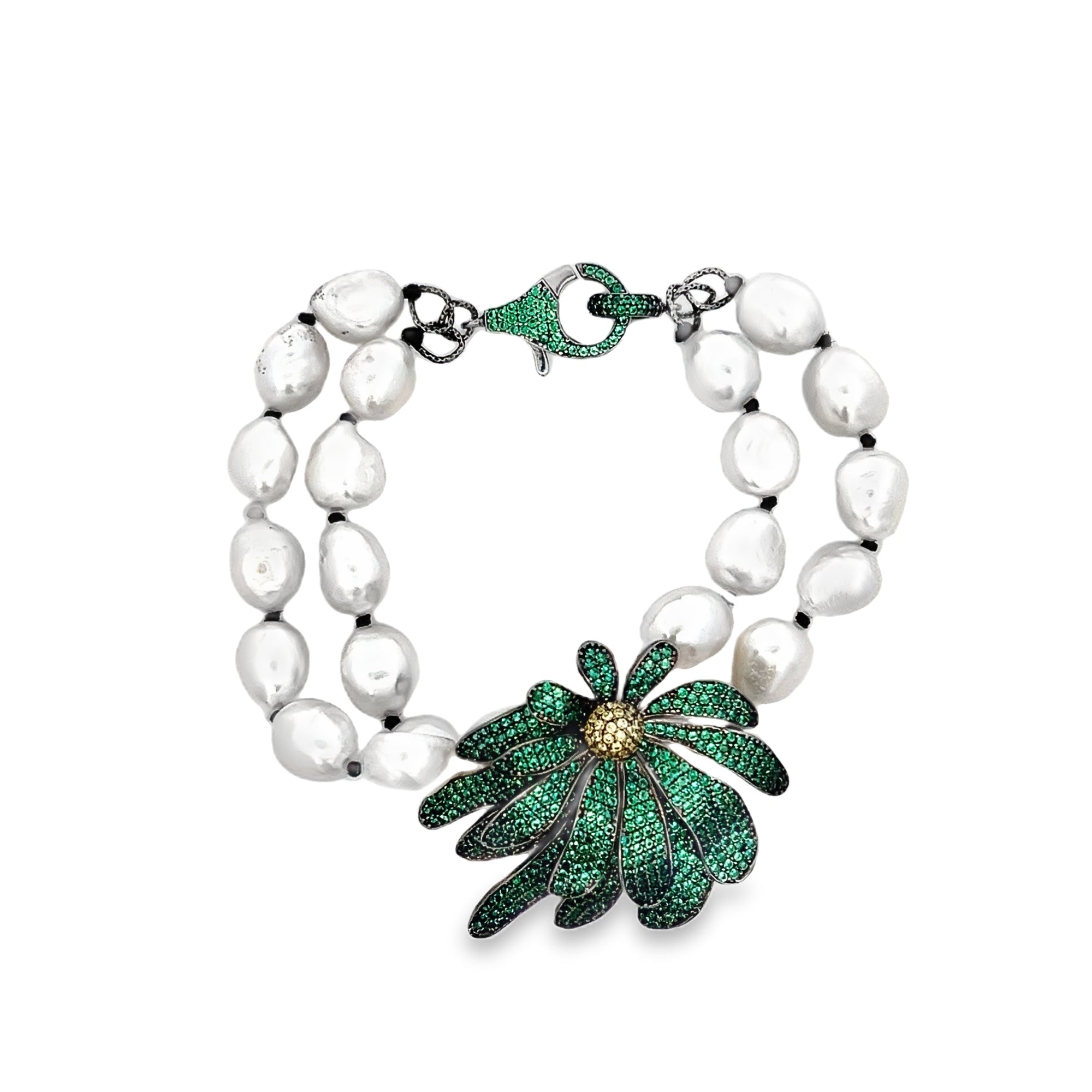 PULSERA DE PERLAS CON DIJE DE FLOR CON CRISTALES VERDES - C'SANTOS