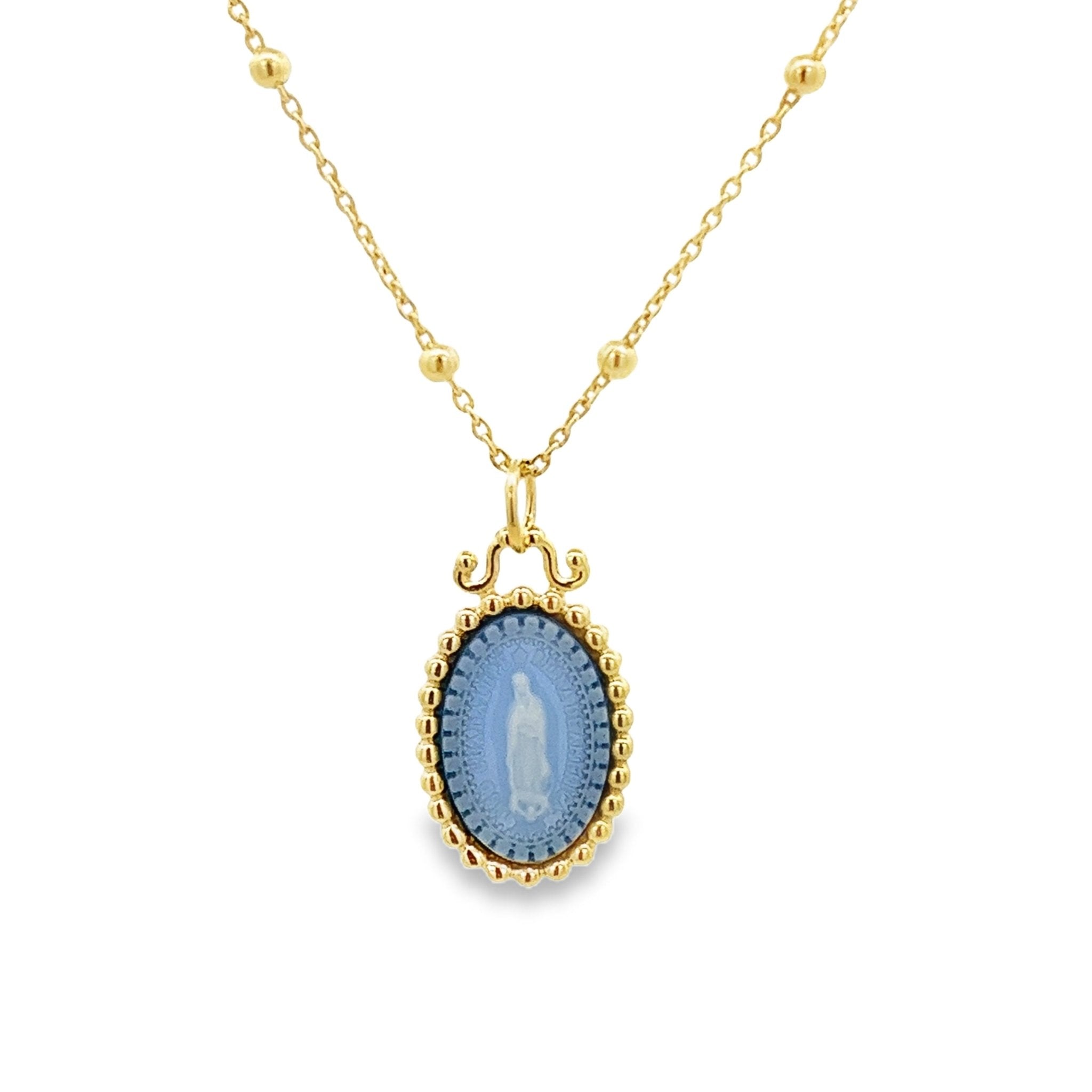 ROSARIO PLATA CON CHAPA DE ORO CON MINI MEDALLA GUADALUPE EN AGATA AZUL - C'SANTOS