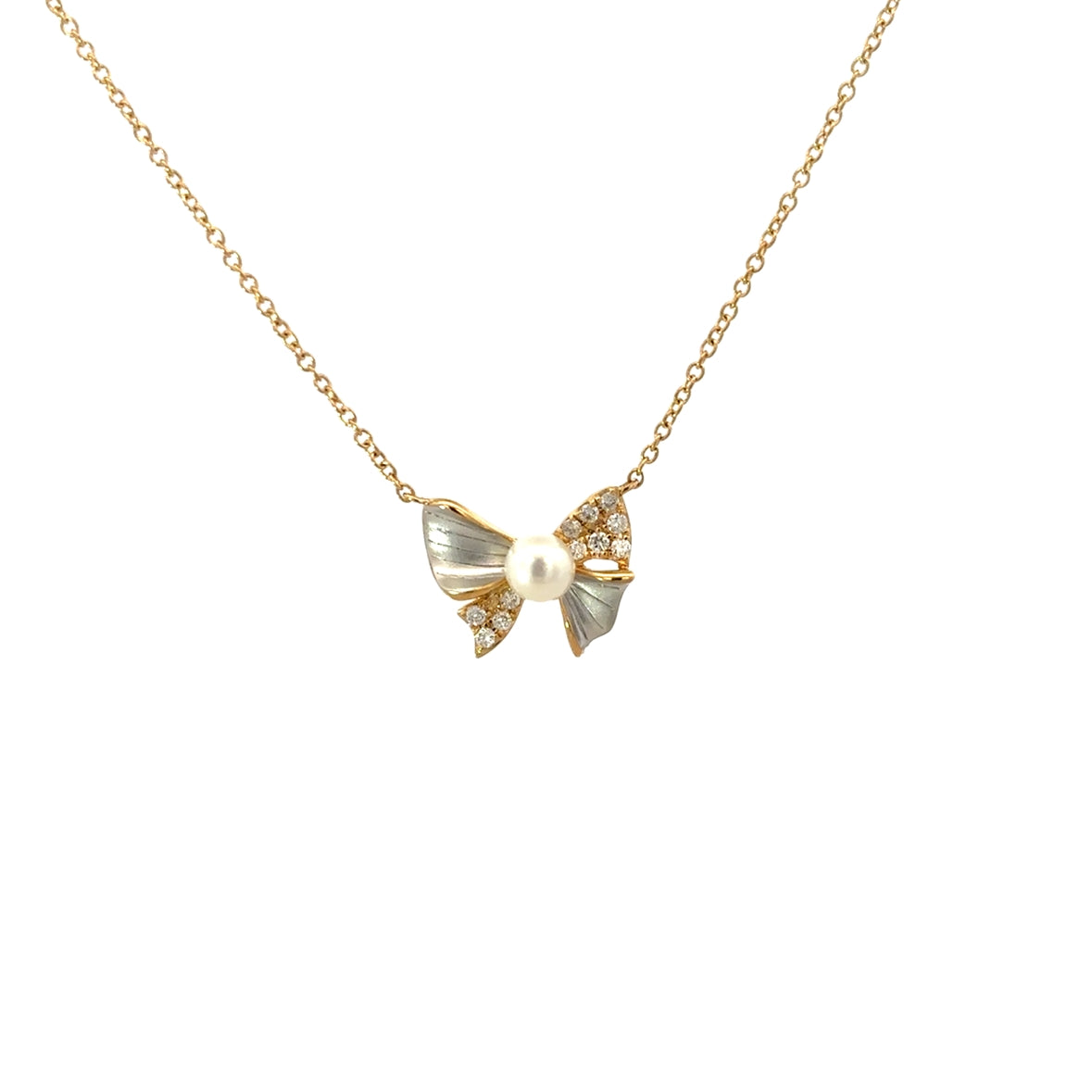 D0.08CT 14KY BUN AND PEARL 4MM NECKLACE