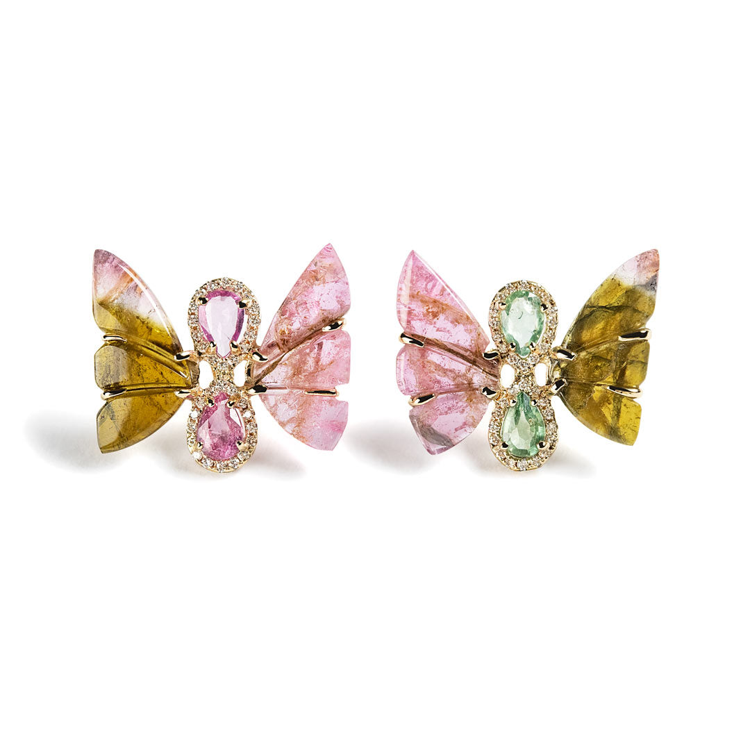 D0.32 CT ARETES ORO AMARILLO 14KT CON ALAS ROSADO CLARO Y VERDE Y ROSADO CON GOTA ZAFIRO VERDE Y ROSADO